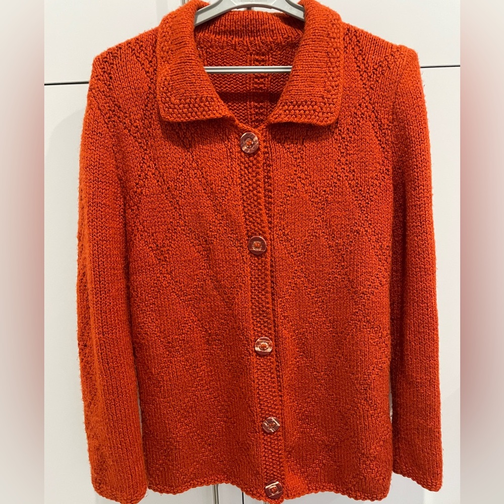 Vintage Hand Knit Orange Wool Sweater Cardigan M L - Picture 6 of 9